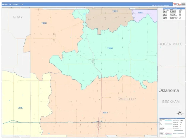 Wheeler County, TX ZIP Code Wall Map, ColorCast style