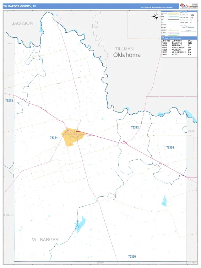 Wilbarger County, TX ZIP Code Wall Map, Business Reference style
