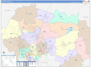 Williamson County, TX ColorCast style ZIP Code wall map