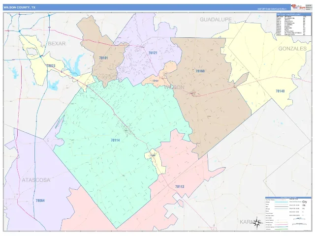 Wilson County, TX ZIP Code Wall Map, ColorCast style