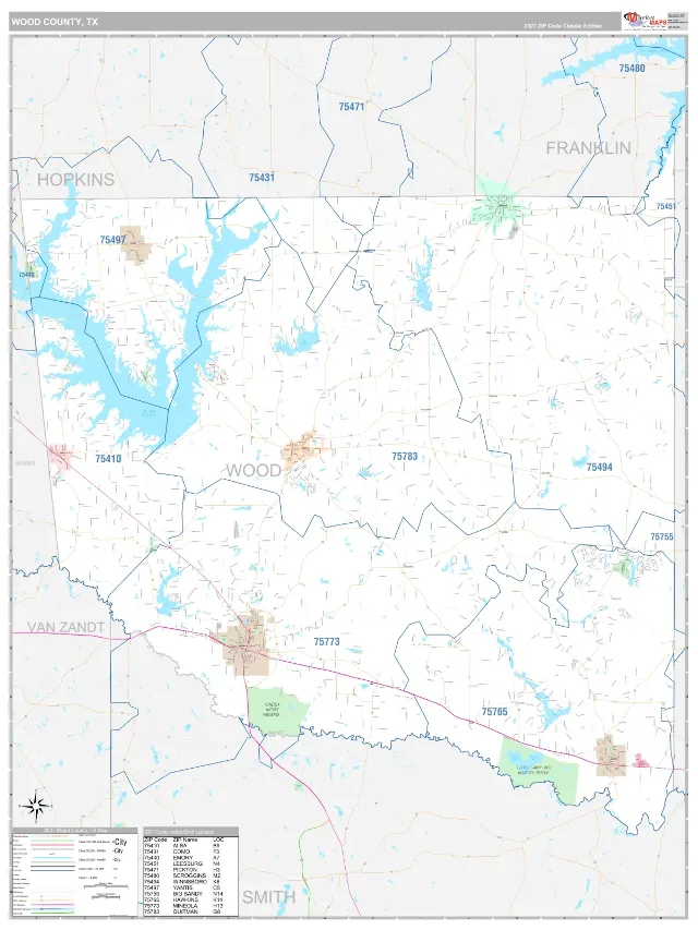 Wood County, TX ZIP Code Wall Map, Classic style