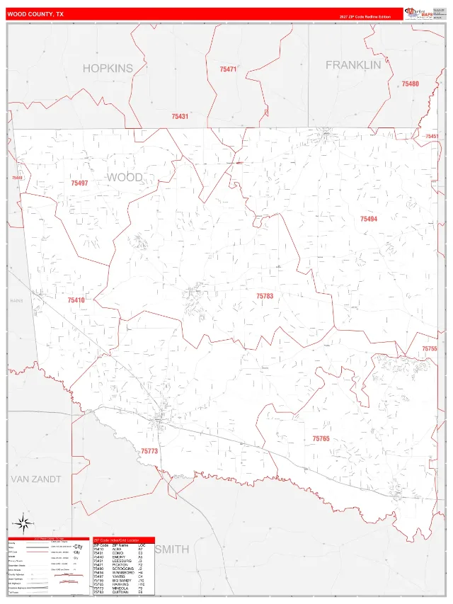Wood County, TX ZIP Code Wall Map, RedLine style