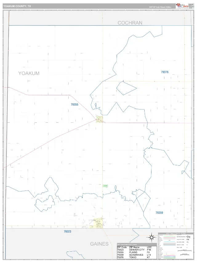Yoakum County, TX ZIP Code Wall Map, Classic style