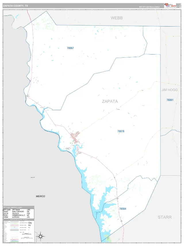 Zapata County, TX ZIP Code Wall Map, Classic style