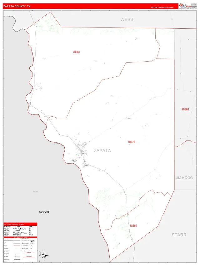 Zapata County, TX ZIP Code Wall Map, RedLine style