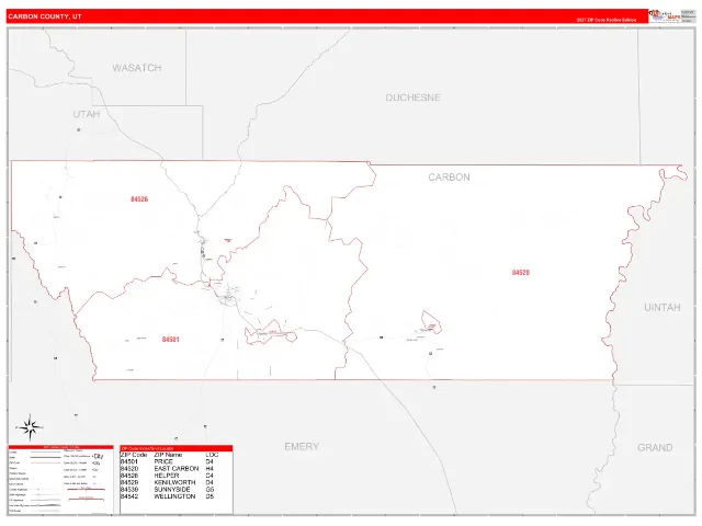Carbon County, UT ZIP Code Wall Map, RedLine style