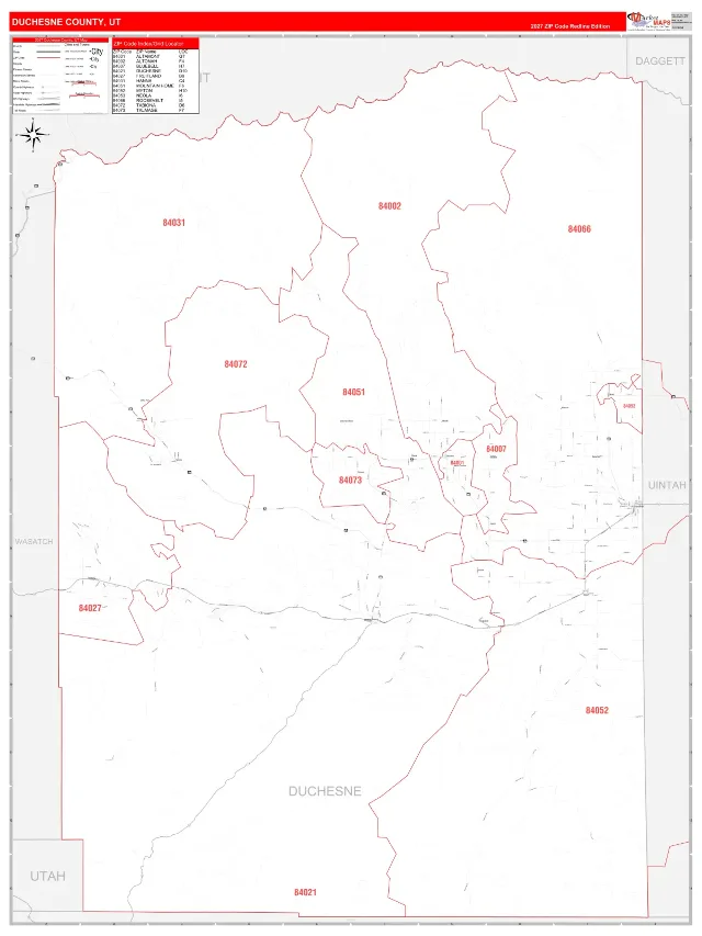 Duchesne County, UT ZIP Code Wall Map, RedLine style
