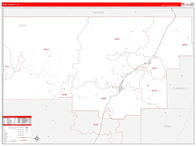 Iron County, UT ZIP Code Wall Map, RedLine style