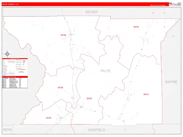 Piute County, UT ZIP Code Wall Map, RedLine style