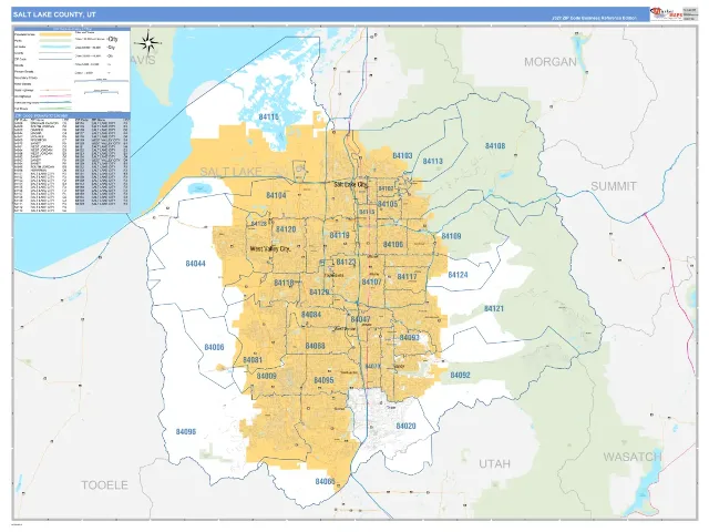 Salt Lake County, UT ZIP Code Wall Map, Business Reference style
