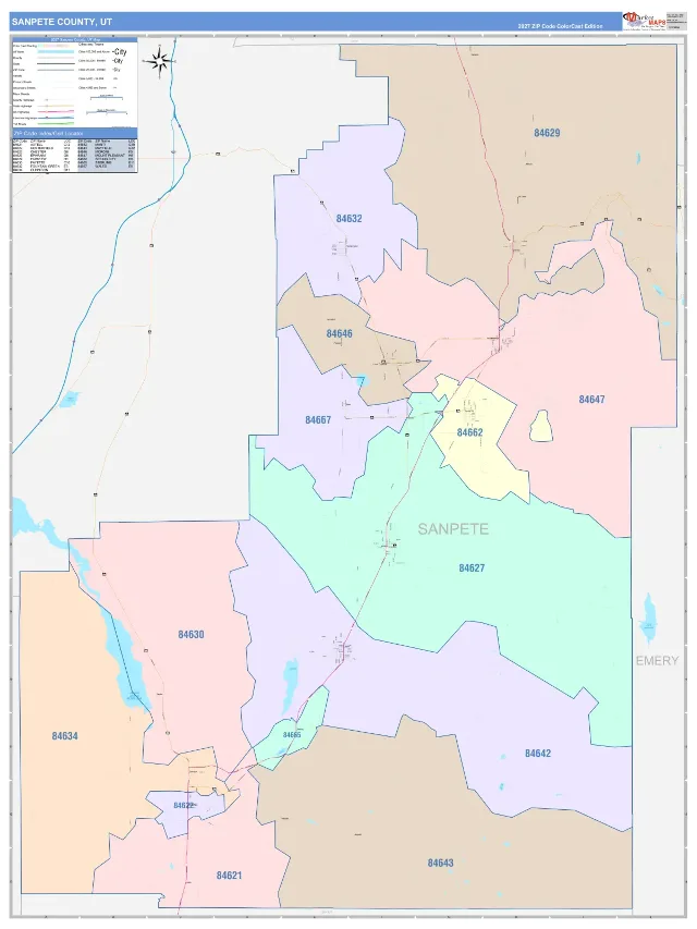 Sanpete County, UT ZIP Code Wall Map, ColorCast style