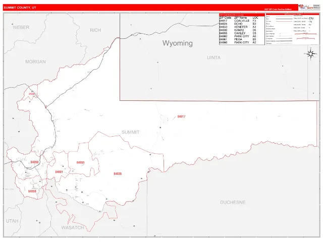Summit County, UT ZIP Code Wall Map, RedLine style
