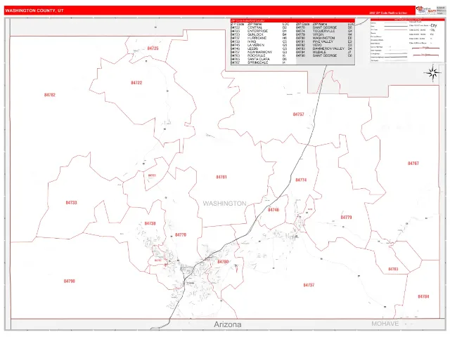 Washington County, UT ZIP Code Wall Map, RedLine style