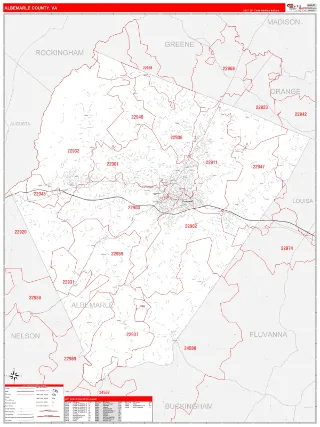 Albemarle County, VA RedLine style ZIP Code wall map
