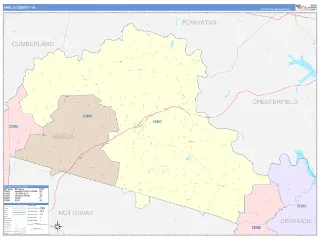 Amelia County, VA ColorCast style ZIP Code wall map