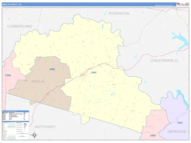 Amelia County, VA ZIP Code Wall Map, ColorCast style