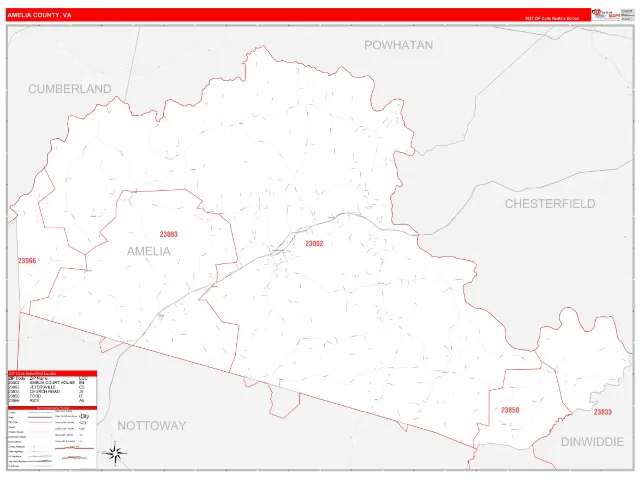Amelia County, VA ZIP Code Wall Map, RedLine style