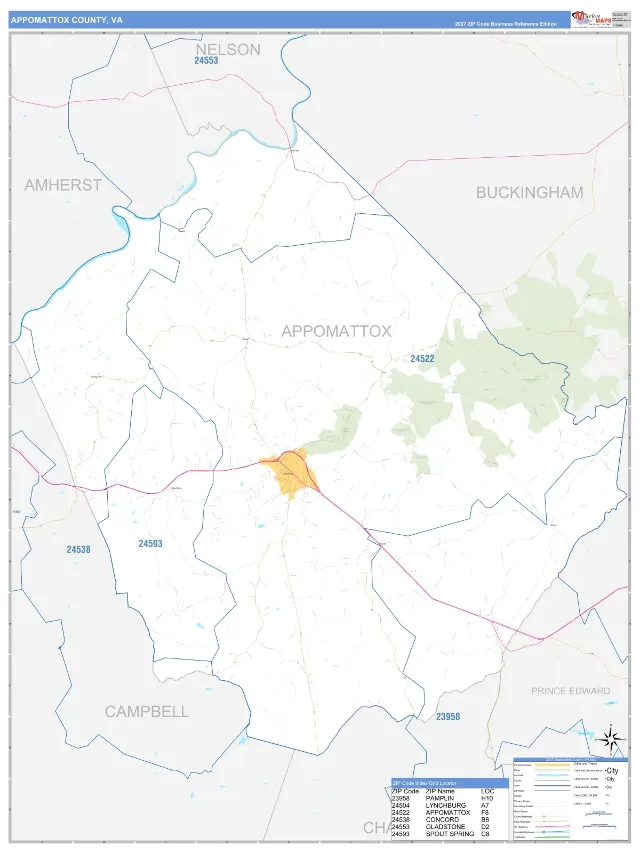 Appomattox County, VA ZIP Code Wall Map, Business Reference style