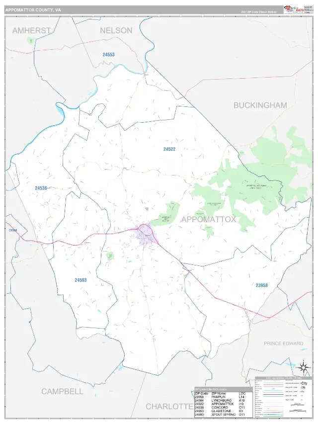Appomattox County, VA ZIP Code Wall Map, Classic style