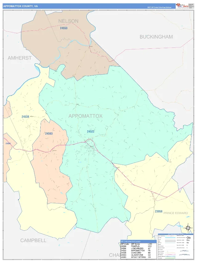 Appomattox County, VA ZIP Code Wall Map, ColorCast style