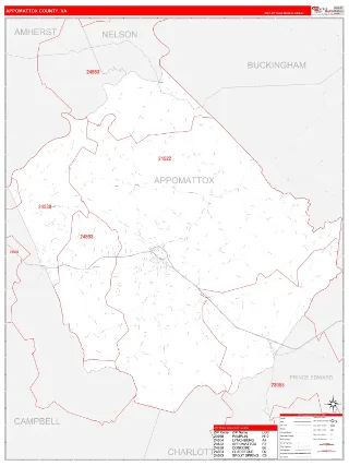 Appomattox County, VA RedLine style ZIP Code wall map