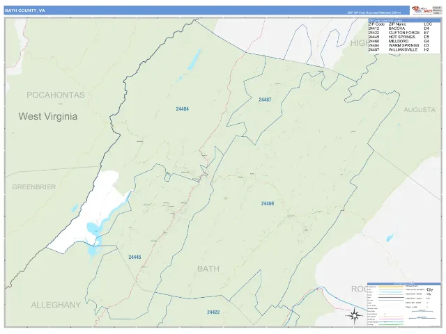 Bath County, VA ZIP Code Wall Map, Business Reference style