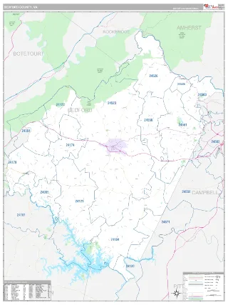 Bedford County, VA Classic style ZIP Code wall map