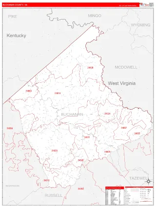 Buchanan County, VA RedLine style ZIP Code wall map