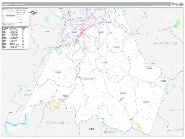 Campbell County, VA ZIP Code Wall Map, Classic style