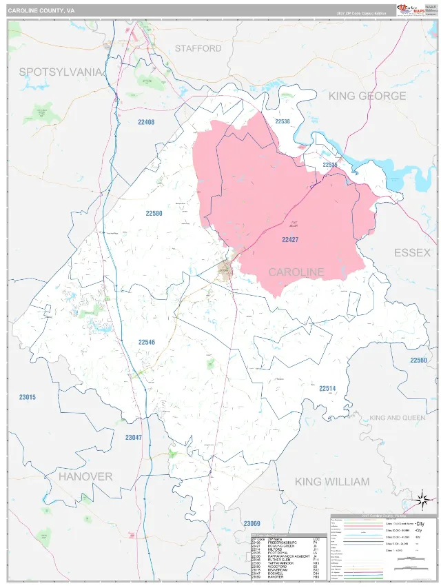 Caroline County, VA ZIP Code Wall Map, Classic style