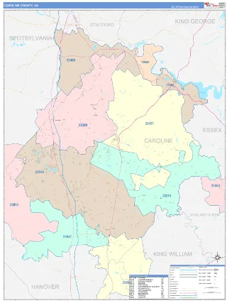 Caroline County, VA ColorCast style ZIP Code wall map