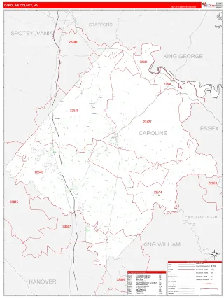 Caroline County, VA RedLine style ZIP Code wall map