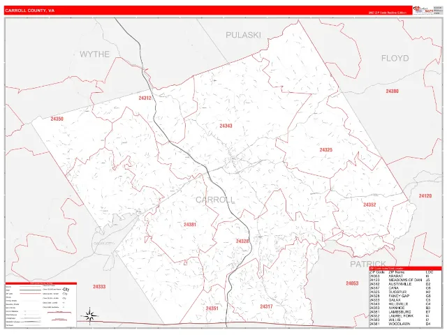 Carroll County, VA ZIP Code Wall Map, RedLine style