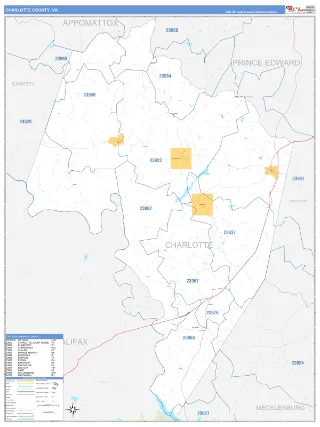 Charlotte County, VA Business Reference style ZIP Code wall map