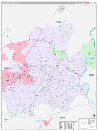 Charlottesville County, VA Classic style ZIP Code wall map