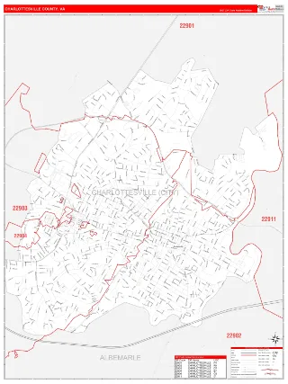 Charlottesville County, VA RedLine style ZIP Code wall map