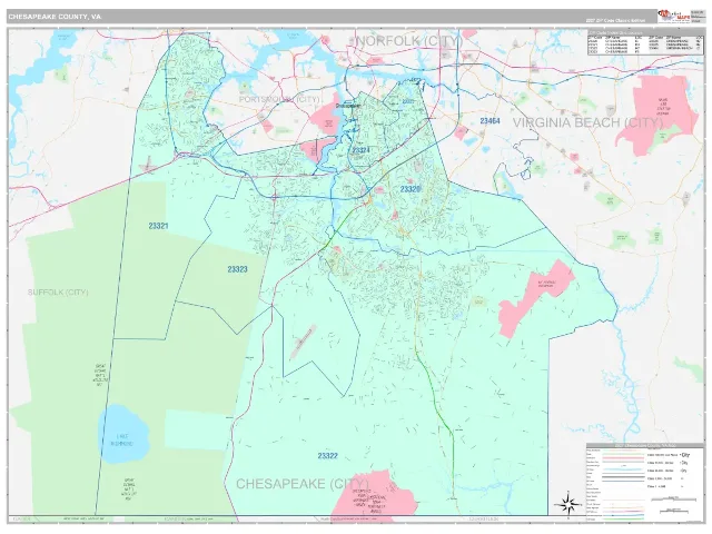 Chesapeake County, VA ZIP Code Wall Map, Classic style