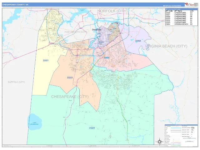Chesapeake County, VA ZIP Code Wall Map, ColorCast style