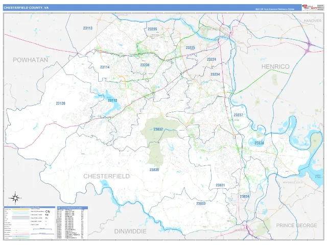 Chesterfield County, VA ZIP Code Wall Map, Business Reference style