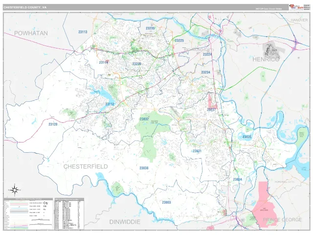Chesterfield County, VA ZIP Code Wall Map, Classic style