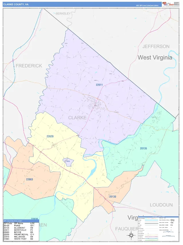 Clarke County, VA ZIP Code Wall Map, ColorCast style