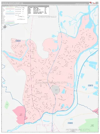 Colonial Heights County, VA Classic style ZIP Code wall map