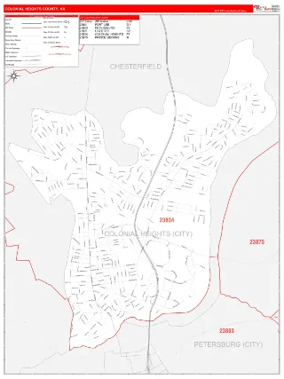 Colonial Heights County, VA RedLine style ZIP Code wall map