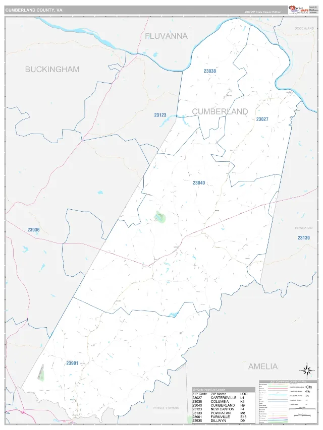 Cumberland County, VA ZIP Code Wall Map, Classic style