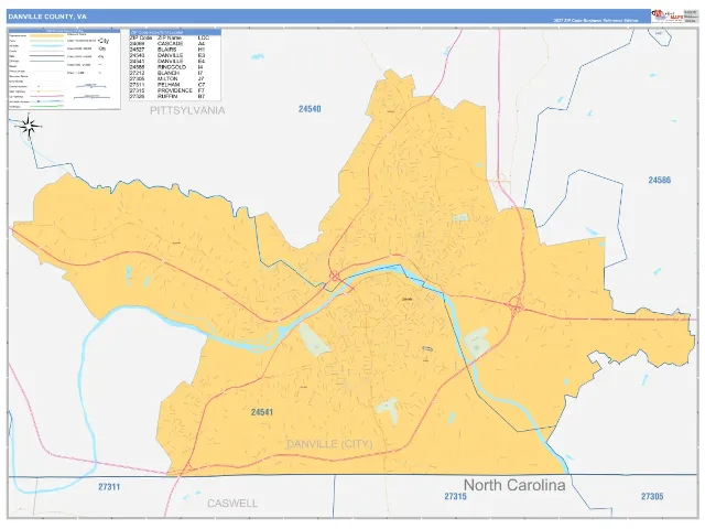 Danville County, VA ZIP Code Wall Map, Business Reference style