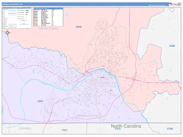 Danville County, VA ZIP Code Wall Map, ColorCast style