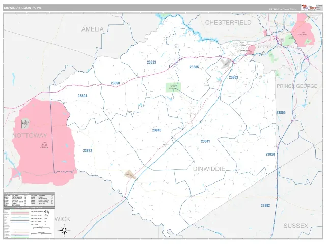 Dinwiddie County, VA ZIP Code Wall Map, Classic style