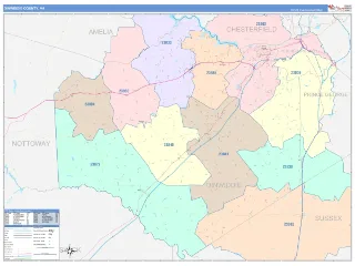 Dinwiddie County, VA ColorCast style ZIP Code wall map