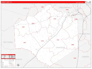 Dinwiddie County, VA RedLine style ZIP Code wall map
