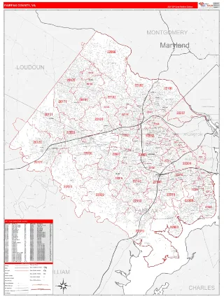 Fairfax County, VA RedLine style ZIP Code wall map